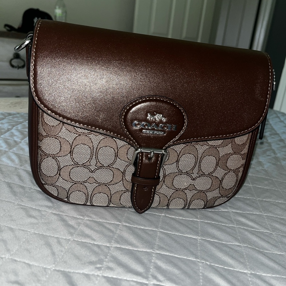 Coach Brown and Tan Crossbody Bag with Signature Monogram